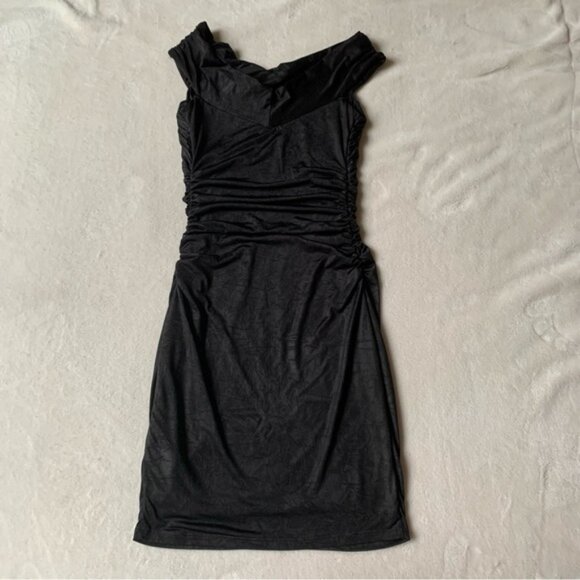 Y2k Guess Black Body Conruched Wide Neck Mini Dress - Picture 2 of 3